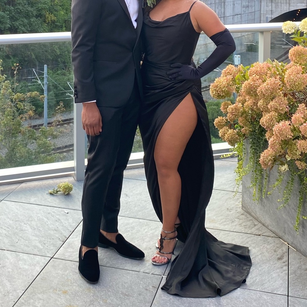 Abyss By Abby Black Satin High-Slit Evening Gown